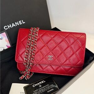🎀 CHANEL Caviar Quilted Wallet On Chain WOC Red